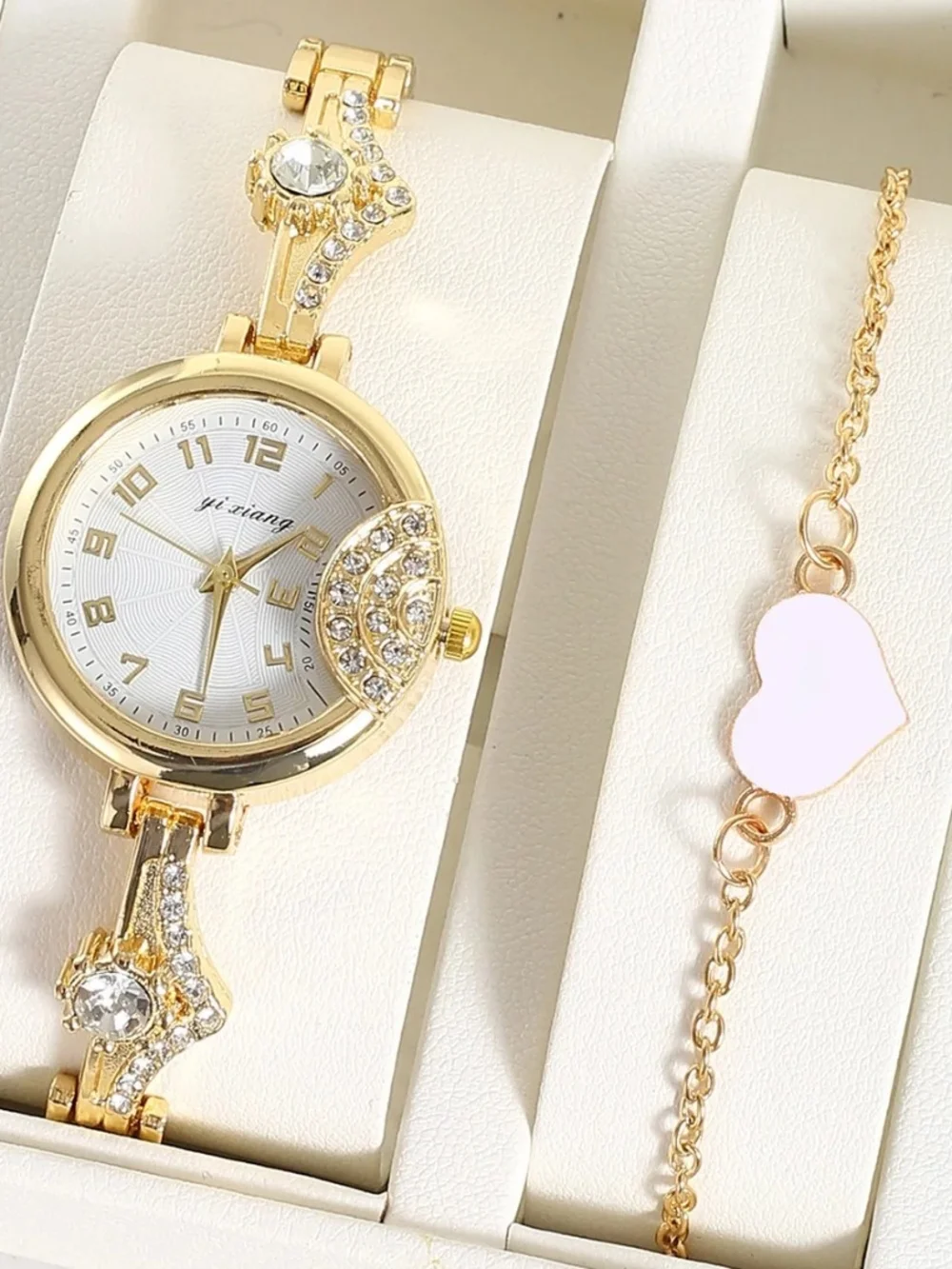 Gold-Tone Crystal Accent Women's Watch with Pink Heart Bracelet